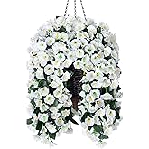 MJFloria Artificial Fake Flowers Plants Hanging Baskets for Outdoor Outside Winter Christmas Decor, Faux Silk Hanging White Morning Glory Trailing Vines UV Resistant for Porch Patio Home Decoration