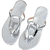 OYOANGLE Women's Metal Decor Flip Flop Thong Sandals Comfortable Slip on Flat Sandals