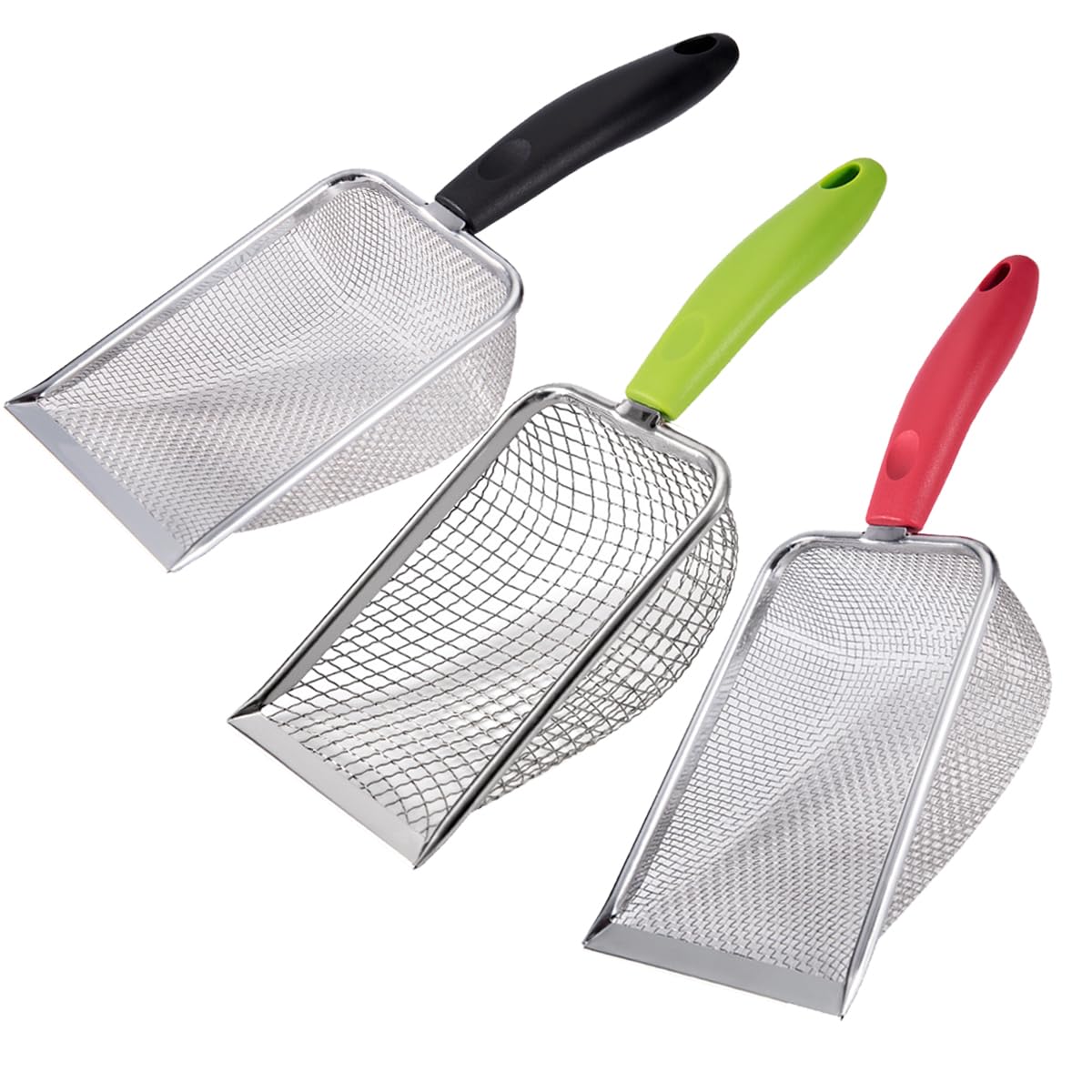 SUMHEN 3PCS Cat Little Scoop, Reptile Stainless Steel Fine Mesh,Litter Cleaner Corner Scoop Sand Sifter (Black-Green-Red)