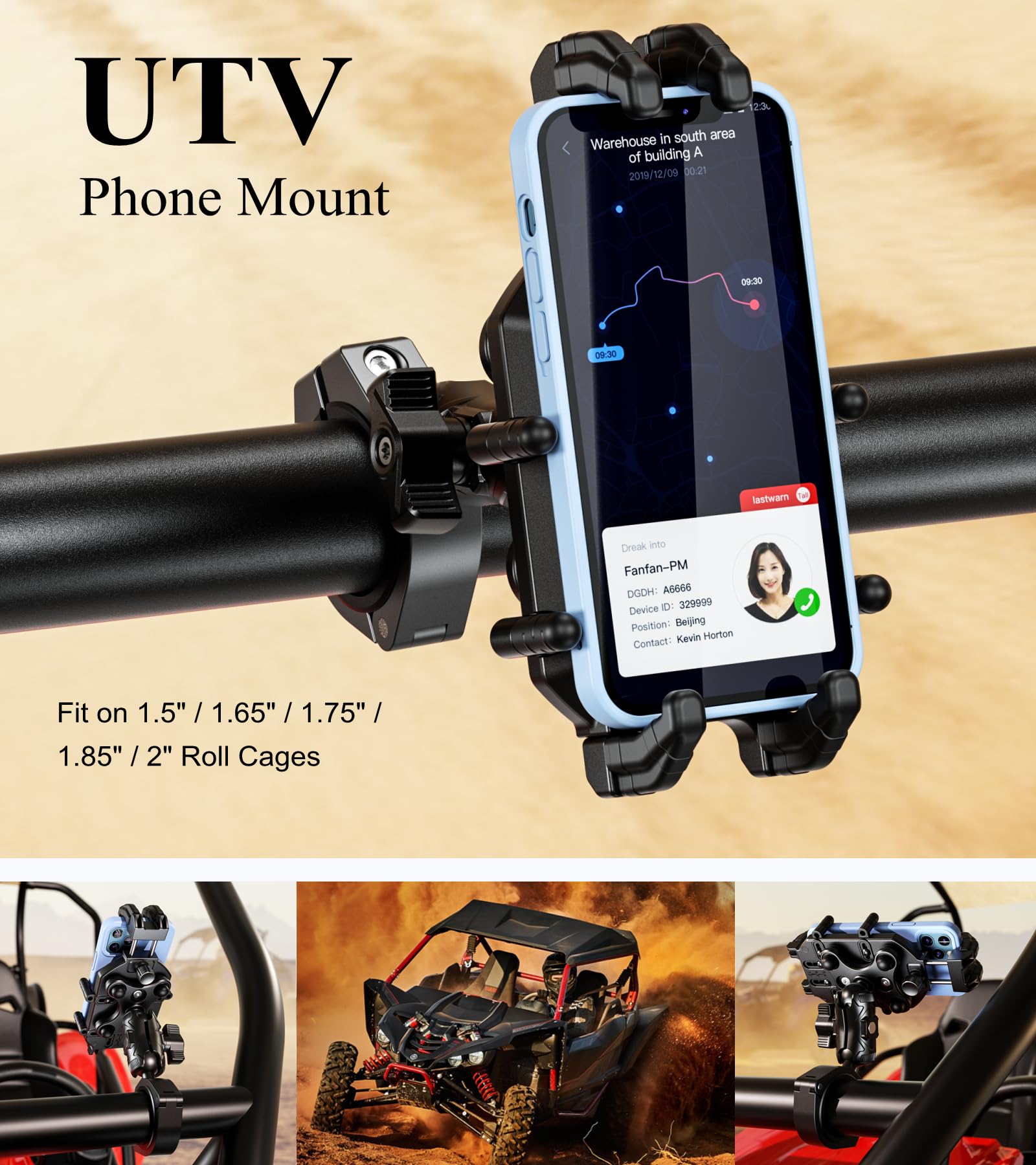 BRCOVAN UTV Phone Mount Holder with Vibration Dampener & Secure Lock, Fit 1.5/1.65/1.75/1.85/2'' Roll Cage Bar, Anti-Theft, Heavy Duty, Adjustable Size, Big Phone Friendly for 5.4-7.2'' Cellphone
