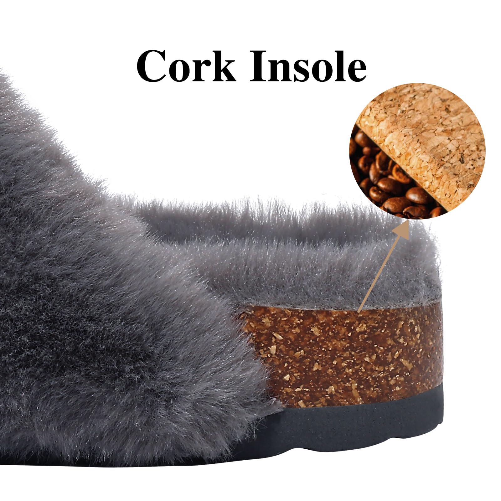 KIDMI Fuzzy Slippers Women with Cork Footbed Fluffy Slides Open Toe Indoor House Shoes | Arch Support | Adjustable Buckles, Deep Grey 6.5-7