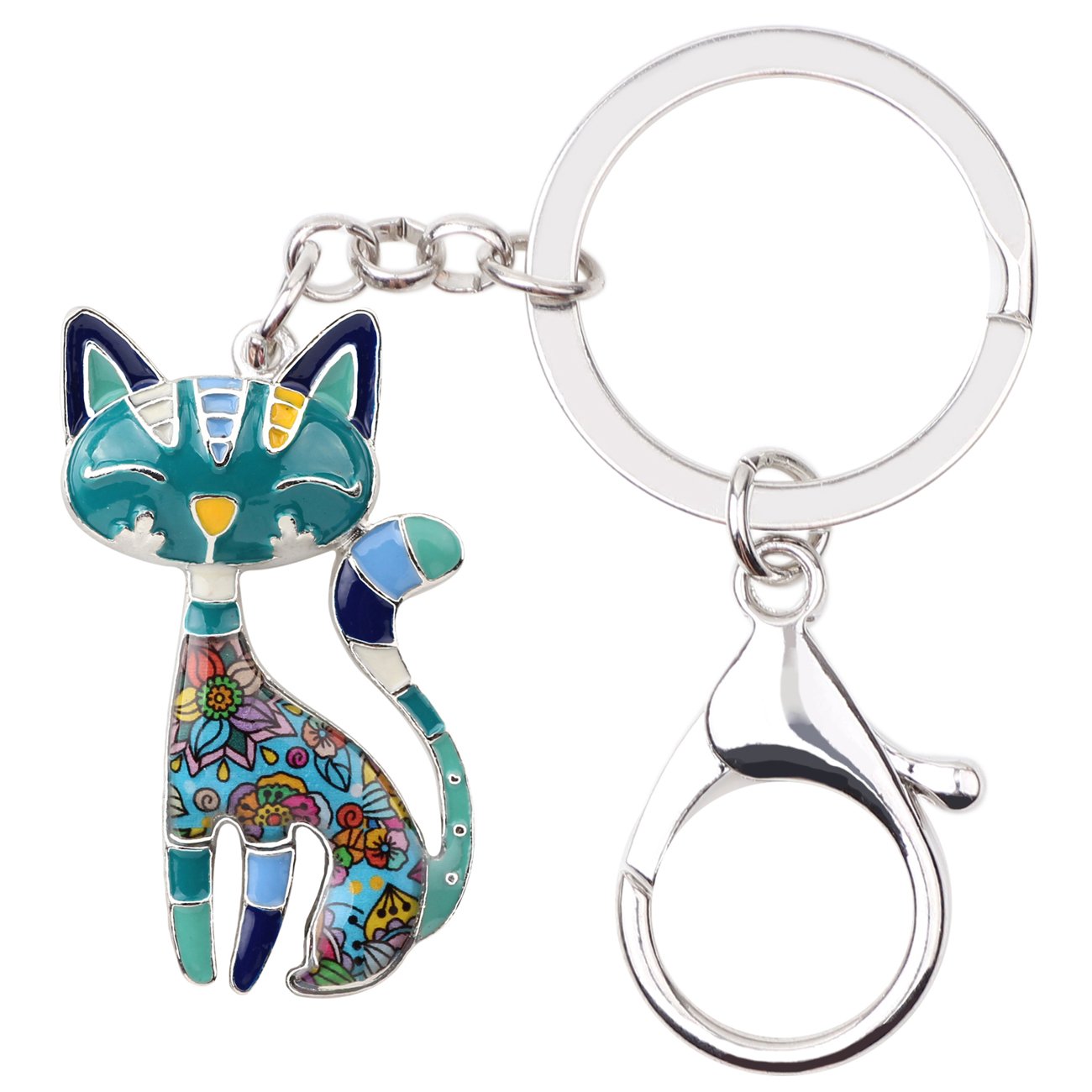 NEWEI Enamel Cat Keychain for Women Girls Handbag Charm Gift Hollow Back Pendant Keyrings (Blue)