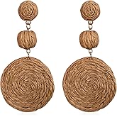 GBAHFY Raffia Round Earrings for Women Geometric Statement Boho Straw Raffia Ball Drop Earrings