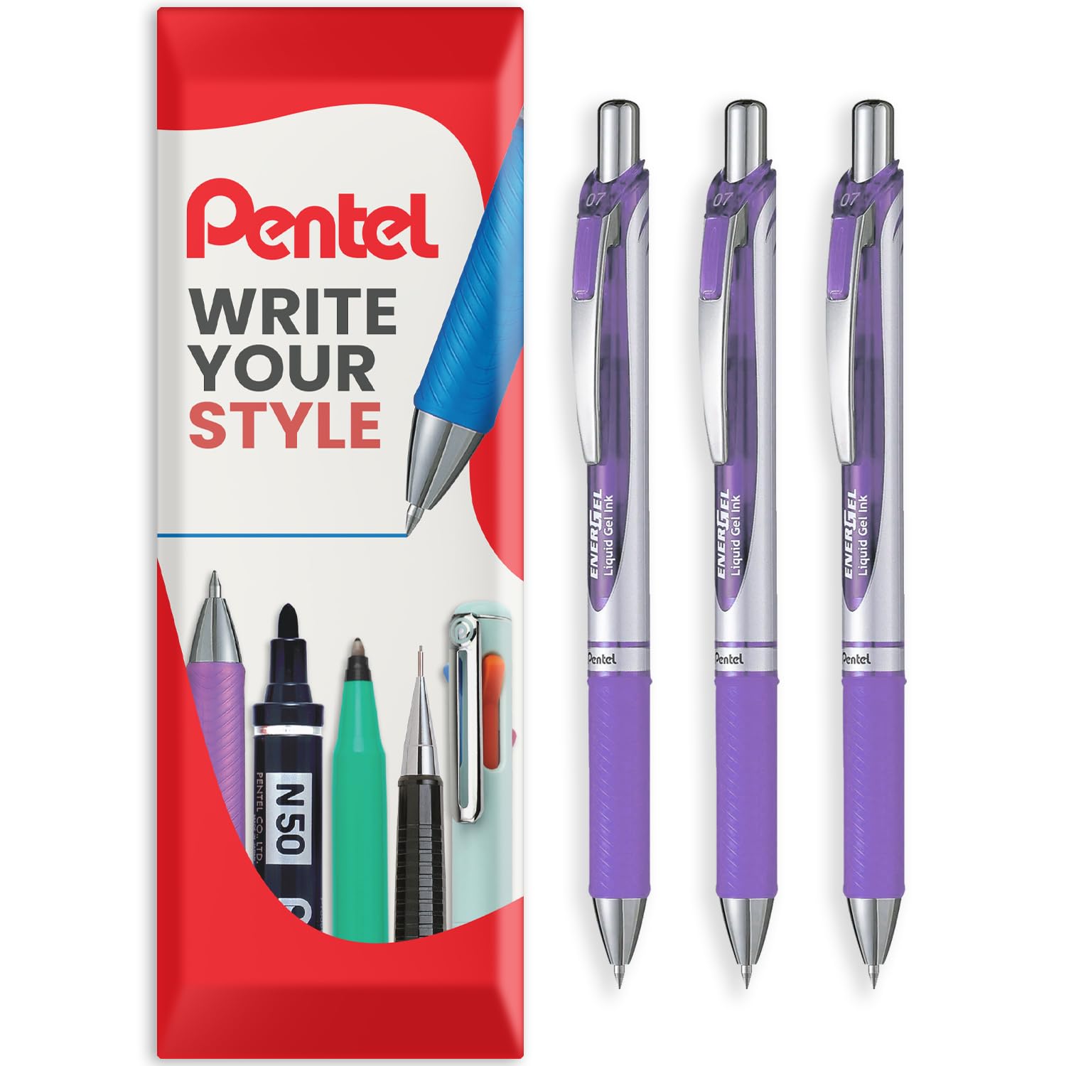 Pentel EnerGel XM BL77 - Retractable Liquid Gel Ink Pen - 0.7mm - 54% Recycled - In Envelope Gift Packaging - Pack of 3 - Lilac — image 1