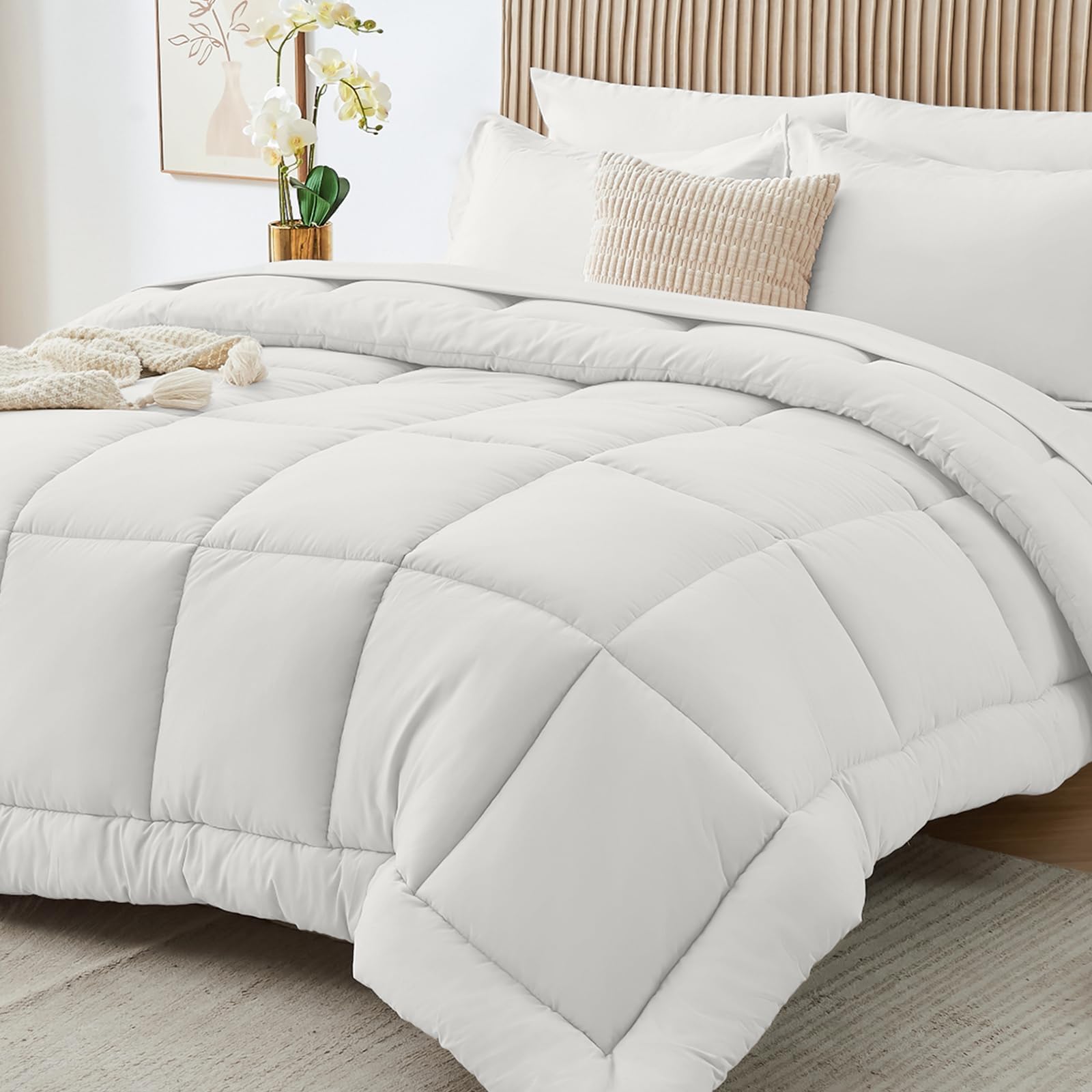 Sasttie King Size Comforter Set, 7 Pieces Bed in a Bag King, Complete Bedding Set Includes Comforter, Flat Sheet, Fitted Sheet, Pillowcases and Pillow Shams, Ivory Image