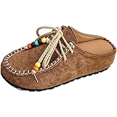 Women's Suede Flat Moccasin Mules with Beaded Casual Comfortable Round Toe Soft Sole Slip On Clogs for Daily Work Anti-Slip Walking Slides