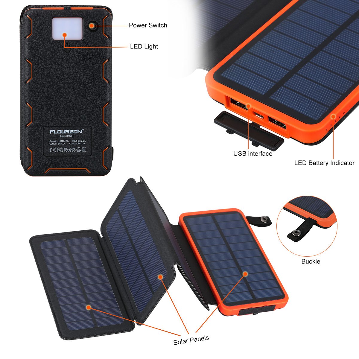 FLOUREON 10,000mAh Solar Charger Power Bank with 1+3PCS Solar Panels Portable Solar Powered Phone Charger IP67 Waterproof LED SOS Flashlight (Orange)