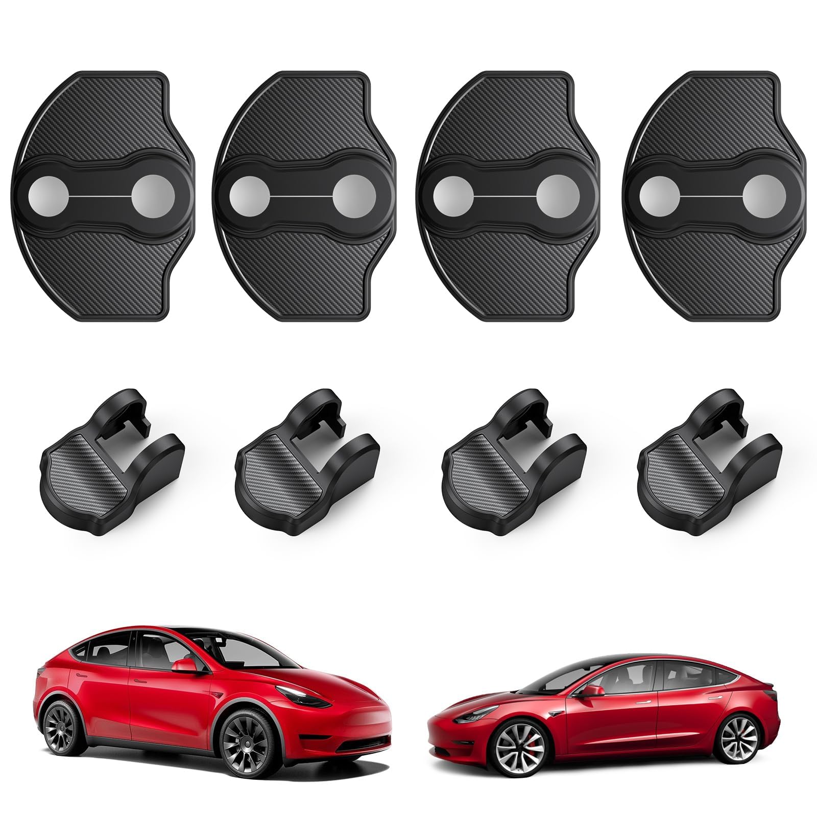 Photo 1 of BASENOR 2026 2025 Tesla Model Y Juniper Model 3 Door Lock Cover Protector [Carbon Edition] [No Tape Requried], Door Striker Latches Stopper Covers for 2017-2026 Model Y (8PCS)/Model 3 (6PCS)