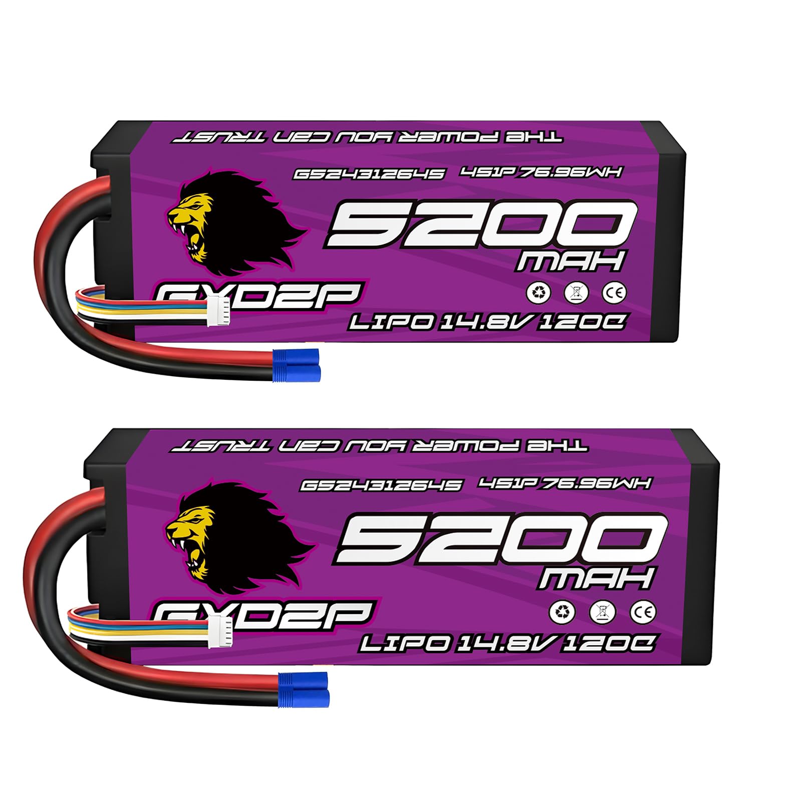 GXDZP 4S LiPo Battery 14.8V 5200mAh 120C EC5 Plug 2 Pack Hard Case Rechargeable RC Battery for 1/10 1/8 Scale RC Car Truck Buggy Truggy Monster Truck Short Course Racing Crawler Basher High Discharge