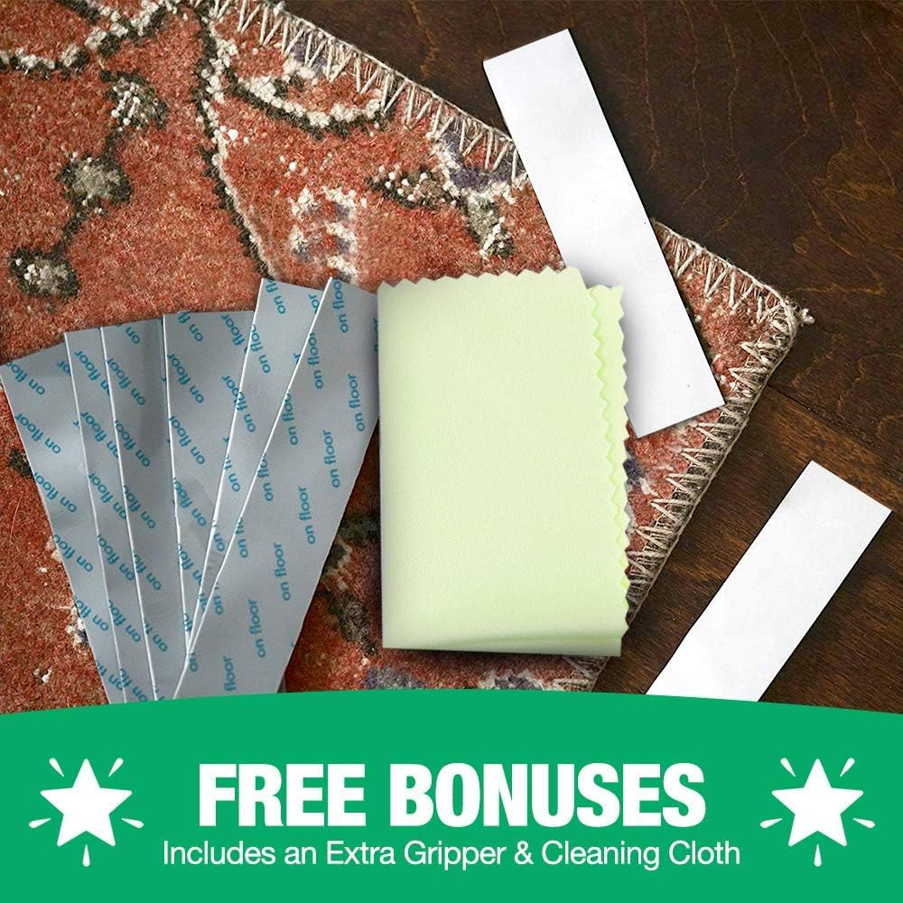 Non Slip Rug Gripper Pads: 9 Reusable Corner Carpet Tape Grippers - Adhesive No Skid Anti Slip Pad Hardwood Laminate Floors - Sticky Nonslip Grip Anchors Never Curl Area Rugs & Runner Edges (9): Kitchen & Dining