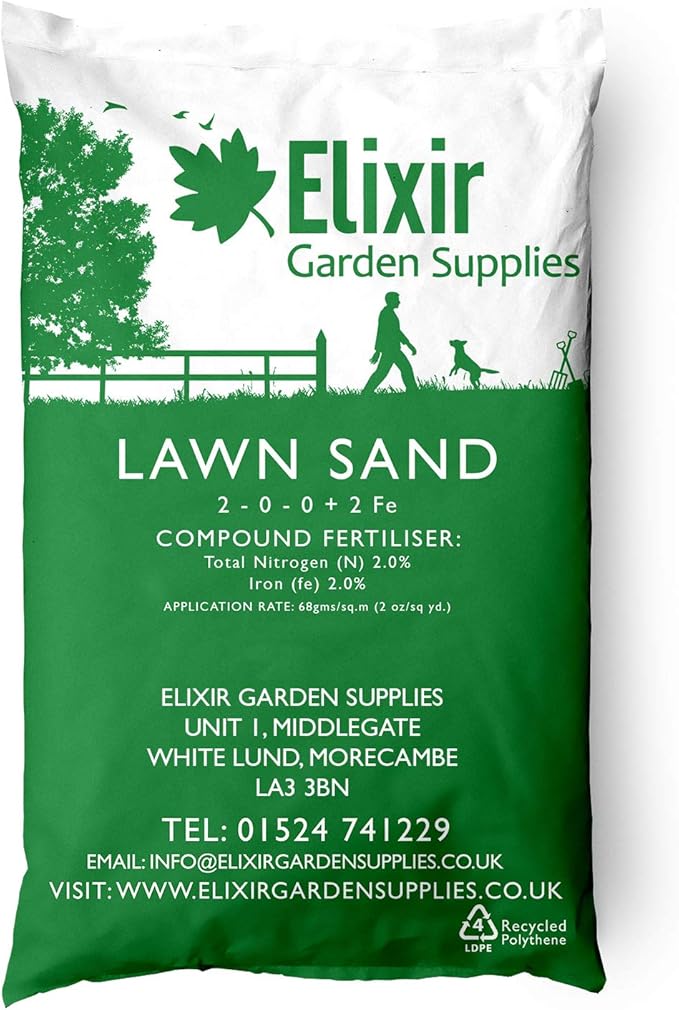 Elixir Gardens ® 25Kg LAWN SAND (FINE) WITH FERTILISER AND MOSS TREATMENT TREATS OVER 360SQM