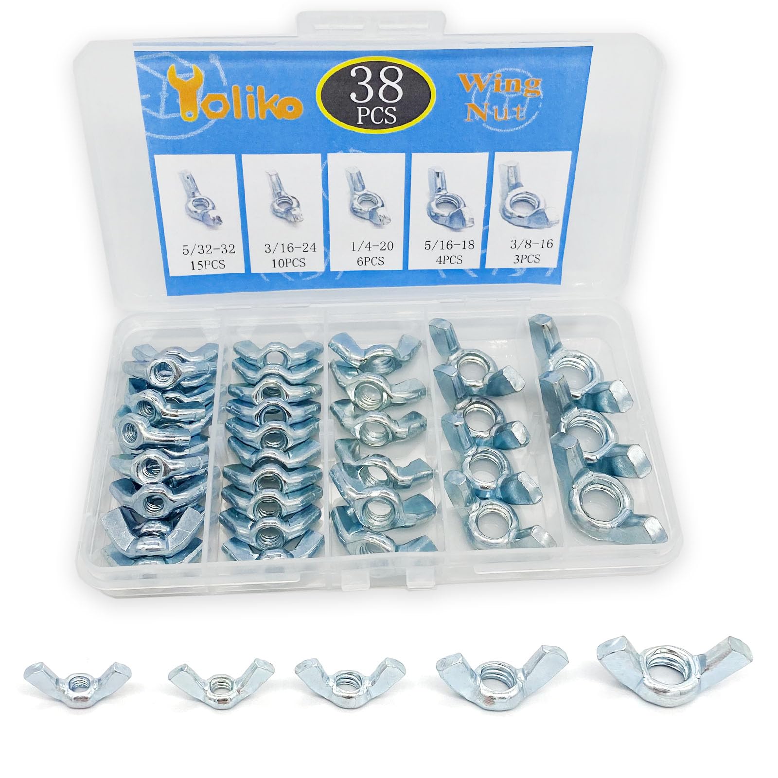 Photo 1 of Yoliko 38 Pcs 5 Sizes 5/32",3/16",1/4",5/16",3/8" Wingnuts, Quality Carbon Steel Wing Nuts Zinc Plated Fasteners Parts Butterfly Nut, Hand Twist Tighten Hardware Nuts Butterfly Wing-Nut Assorted Kit