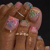 MISUD Press on Toenails - Fake Toe Nails with Colorful French Tip, Acrylic Toenail Flower Design 24 pcs