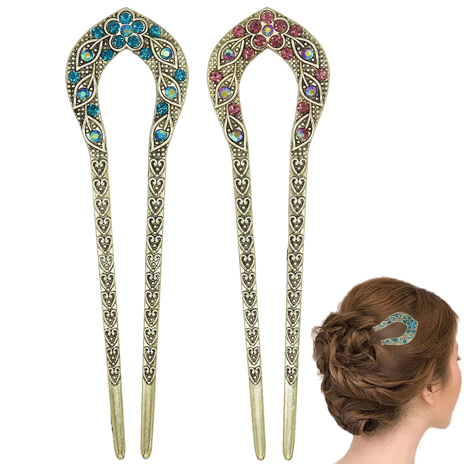 2 Pcs Vintage Hair Stick, Crystal Rhinestone Double Prong Hair Pin Stick Hairstyle Chignon Hairpin