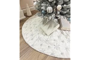 AOGU 48 Inch Sequin Faux Fur Christmas Tree Skirt Decoration for Merry Christmas Party White Plush Silver Sequin Snowflake Xmas Christmas Tree Skirt Decorations