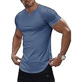 JMIERR Men's Muscle V-Neck T Shirt Short Sleeve Longline Ribbed Henley Shirt Gym Workout Athletic Tee Shirts