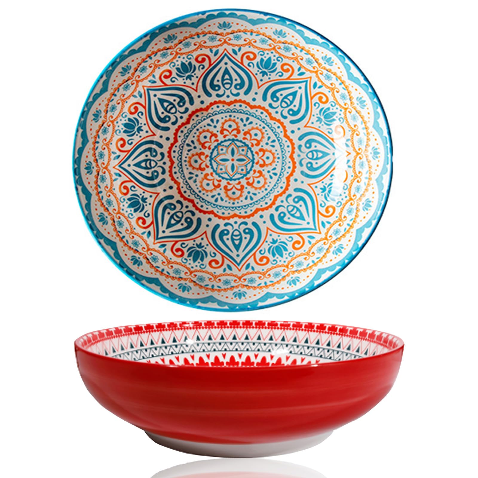 Photo 1 of 10 Inch Large Serving Bowls, 78 Oz Bohemian Style Salad Bowl, Colorful Red Blue Ceramic Bowl Set of 2, Decorative Serving Dishes for Entertaining, Vibrant Fruit Pasta Soup Bowl Dining Essentials