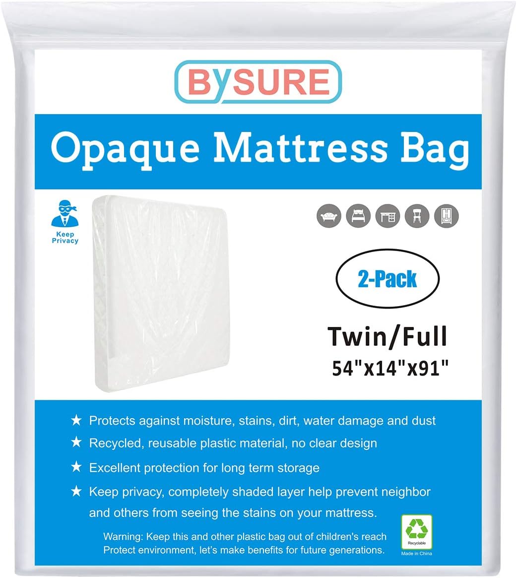 BYSURE 2-Pack 5 Mil Mattress Bag for Moving and Storage - Opaque Mattress Disposal Bag - Fits Twin/Full Size