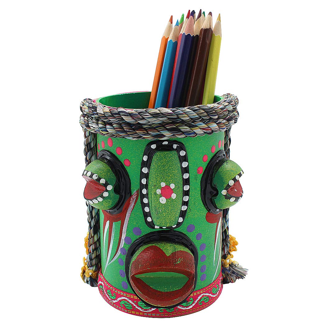 SIPLIV Creative Handmade Pen Holder Ethnic Style Painted Pen Holder for Pen Collection Desk Supplies Organizer Gift for Desk Office Classroom Home, Green