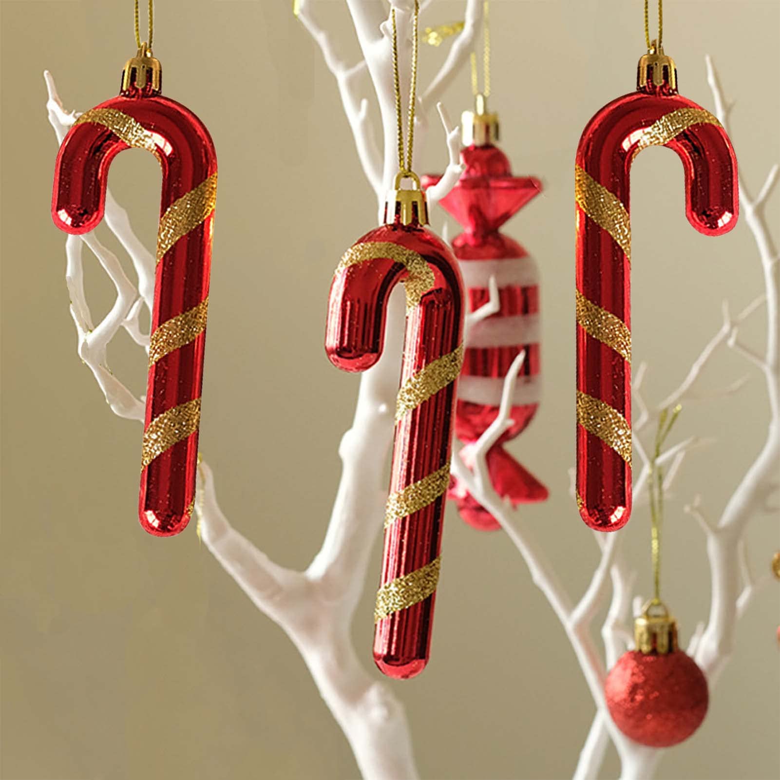 HERZWILD 12pcs Gold Christmas Tree Candy Cane Hanging Ornaments - 12cm for Christmas Tree Decorations (Gold-Red)