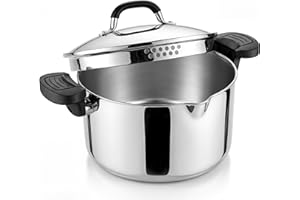 E-far Pasta Pot with Strainer Lid, 6 Quart Tri-Ply Stainless Steel Stock Pot & Push and Lock Handles, Non-toxic Multipurpose 