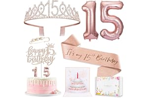 AWFRKY 15th Birthday Decorations for Girls, 15th Birthday Sash and Crown, Pop Up Card, Cake Topper, Number Candles and Balloons, 15 Year Old Gifts for Girls