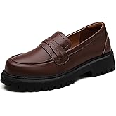 IUY Loafers for Women Leather Chunky Platform Penny Shoes Classic Round Toe Comfortable Business Work Shoes