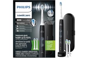 Philips Sonicare ProtectiveClean 5300 Rechargeable Electric Toothbrush, with Pressure Sensor, 3 Cleaning Modes, SmarTimer and QuadPacer, with 2 Bonus Brush Heads, Travel Case, Black, Model HX6423/34