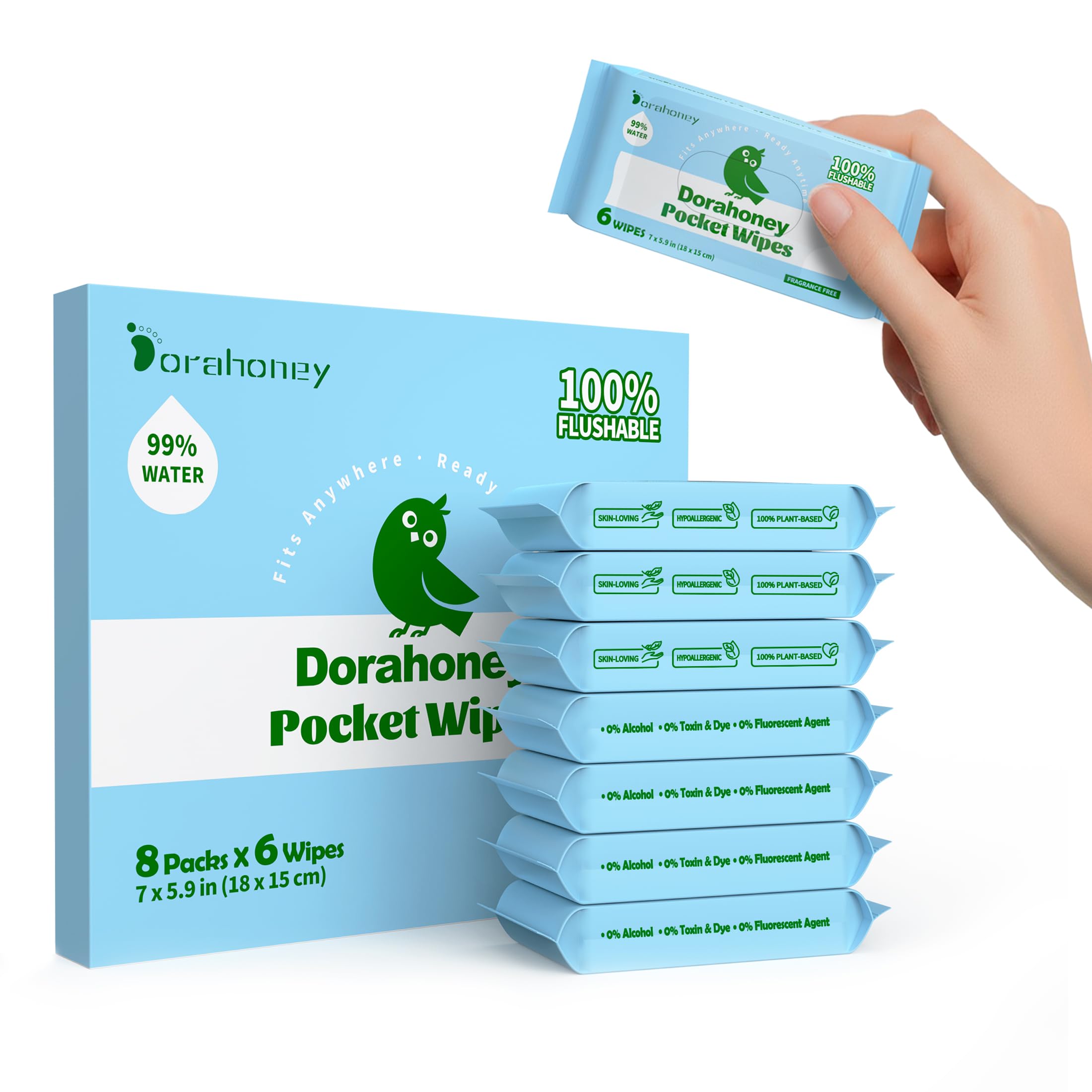 Spülbare Feuchttücher Reisegröße – Mini, Plastikfrei & Unparfümiert, Feuchtes Toilettenpapier für unterwegs mit 99% Wasser, Hypoallergen für Empfindliche Haut, Taschenformat, 48 Stück (8 Packungen)