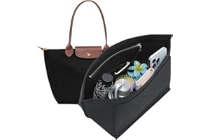 Doxo Longchamp Large Purse Organizer Insert, Bag Organizer with Cup Holder, Felt Zipper Long Champ Bag Organizer Insert Compatible with le pliage Tote Handbags and More (L,Black)