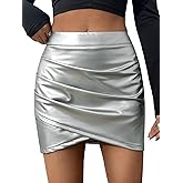 WDIRARA Women's High Waist Ruched Wrap Hem Metallic Party Bodycon Mini Skirt