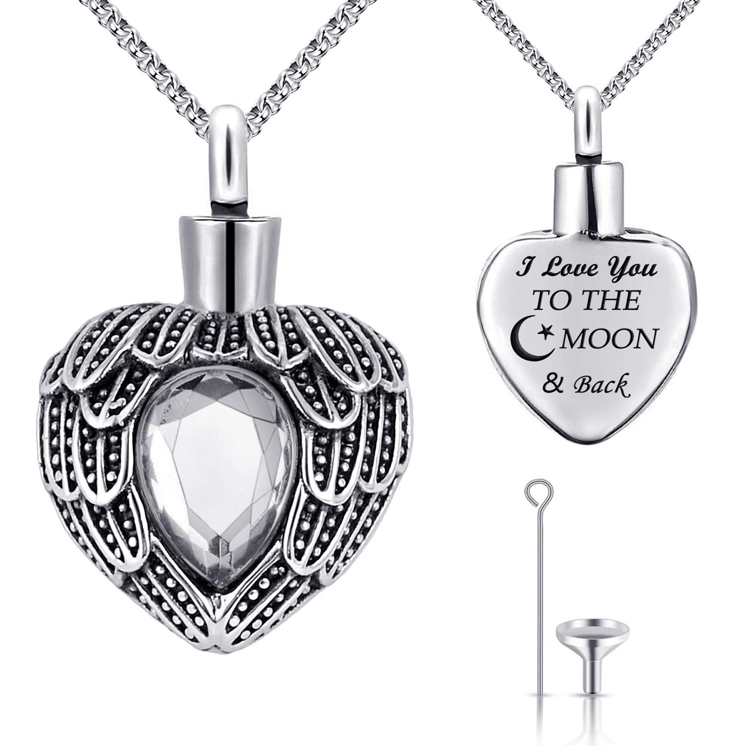 MUERDOU Urn Necklaces for Ashes Angel Wing Birthstone Charm Heart Cremation Jewelry Keepsake Holder Memorial Necklace Pendant