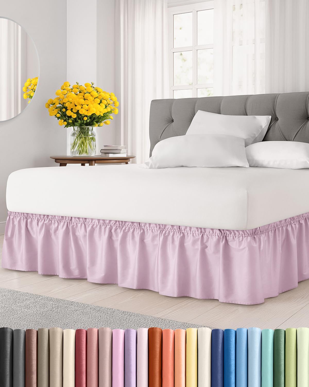 Photo 1 of Wrap Around Dust Ruffle Bed Skirt - Light Pink - Twin/Twin XL Size Beds with 21 Inch Drop - Elastic Strap - Adjustable Pleated Bedskirt with Brushed Fabric and Wrinkle Free - Women, Men, Kids & Teens