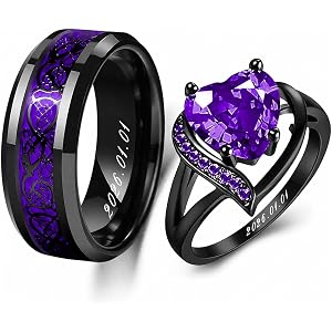 FIAEKIOEOR Personalized Couples Promise Rings Set, Engraved Heart CZ Matching Wedding Rings for Him and Her, Romantic Jewelry