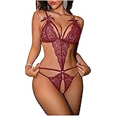 SweatyRocks Women's One Piece Lingerie Sexy Strappy Lace Bodysuit Deep V Teddy Babydoll