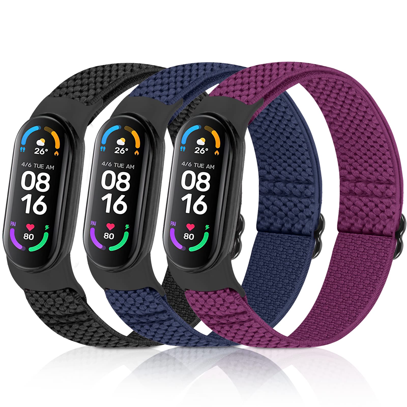 Enkic Elastic Adjustable Watch Straps - Compatible with Xiaomi Mi Band 7/6/5 - Stretchy Nylon Loop Replacement Sport Wristband for Women & Men