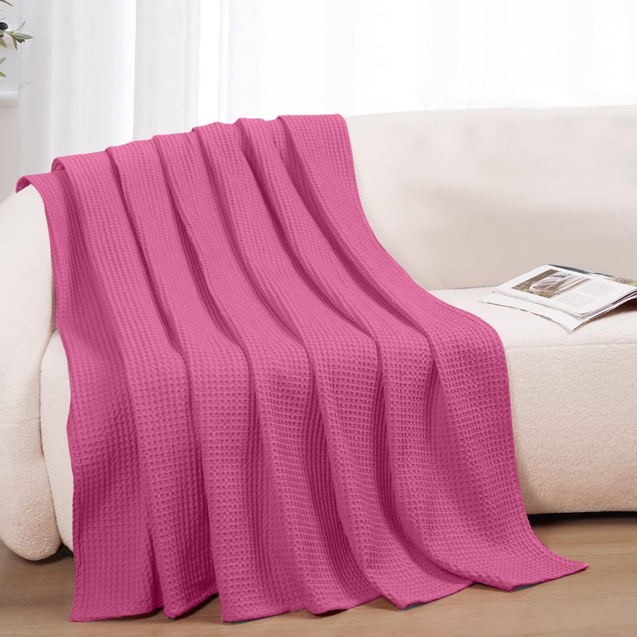 Photo 1 of 100% Cotton Blankets for Bed - Waffle Weave Blankets for Summer, Lightweight and Breathable Soft Woven Blanket for Spring (Pink, Throw (50" x 60"))