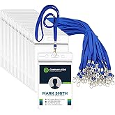 Fushing 50pcs Clear Plastic Vertical Name Tags Badge ID Card Holders and Blue Neck Lanyards with Swivel Hook for School, Festival, Event (L)
