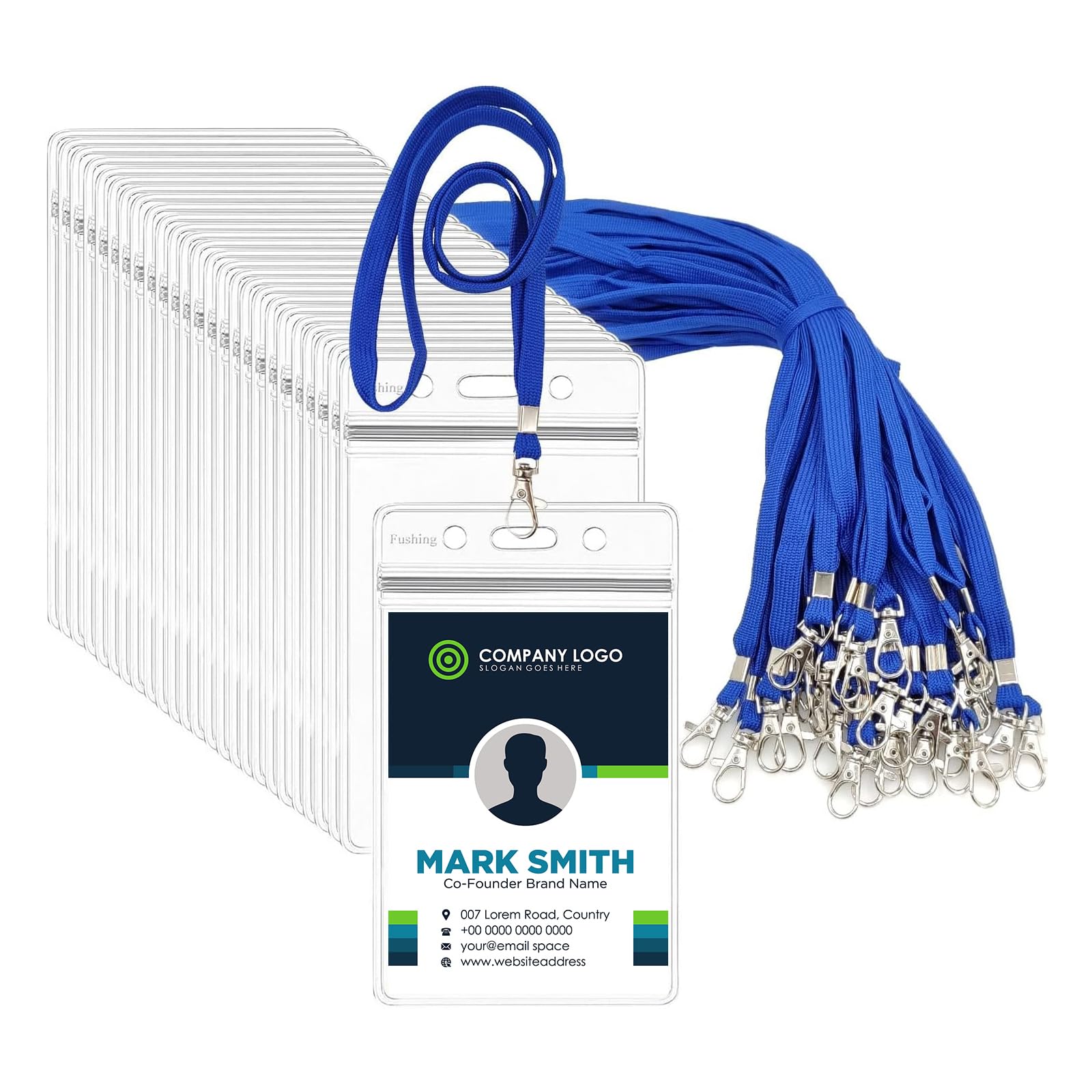 Fushing 50pcs Clear Plastic Vertical Name Tags Badge ID Card Holders and 50pcs Blue Neck Lanyards with Swivel Hook for School, Festival, Event