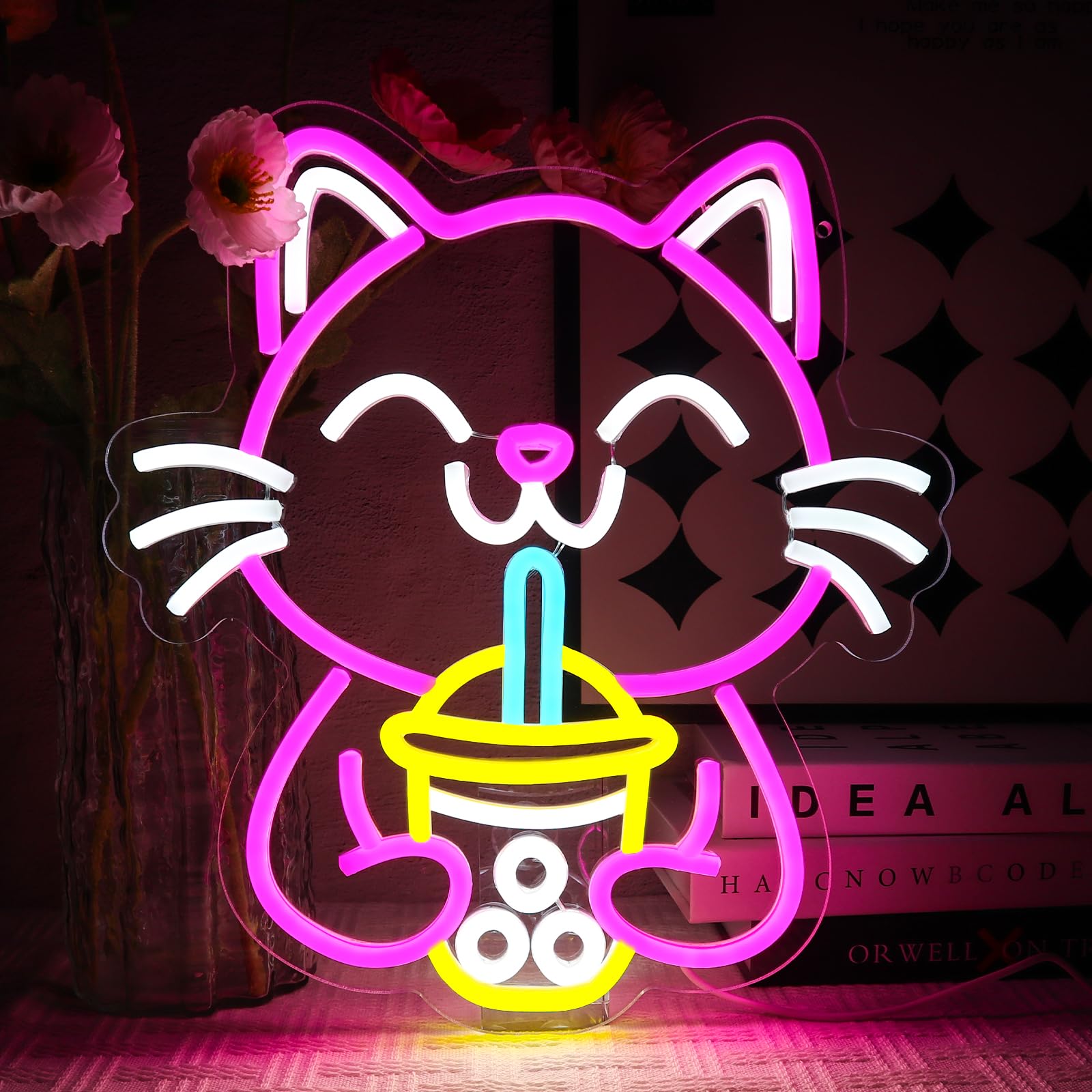 OYCGZV Drink Cat Neon Light Sign - Cat Neon Sign for Wall Decor Animal Neon Wall Light USB Led Sign for Bar Restaurant Living Room Club Store Business Boba Tea Party Beverage Shop