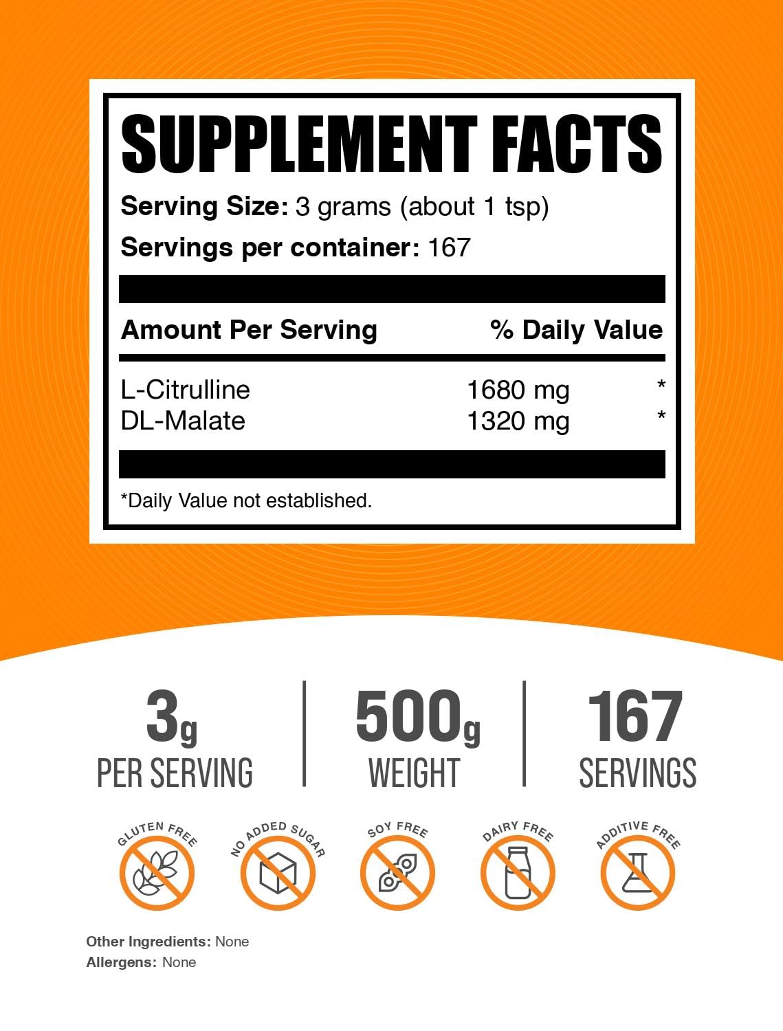 BulkSupplements com L-Citrulline Malate 1:1 Powder - Citrulline Powder, Amino Acid Supplement - Unflavored & Gluten Free - 3g per Servings, 500g (1.1 lbs) (Pack of 1)