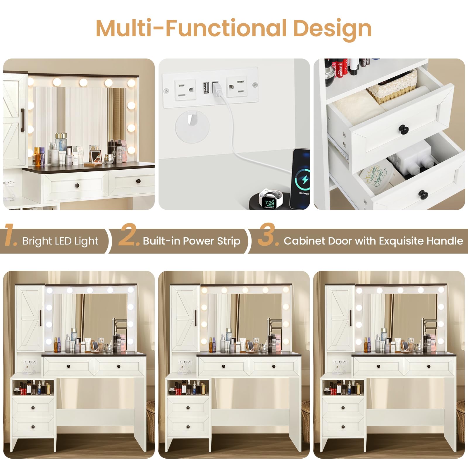 elifine Makeup Vanity Desk with Mirror and Lights - 40'' Farmhouse Vanity Table with Power Outlet & 4 Drawers, 3 Color Lighting Mode, Bedroom Dressing Table for Girl, Women