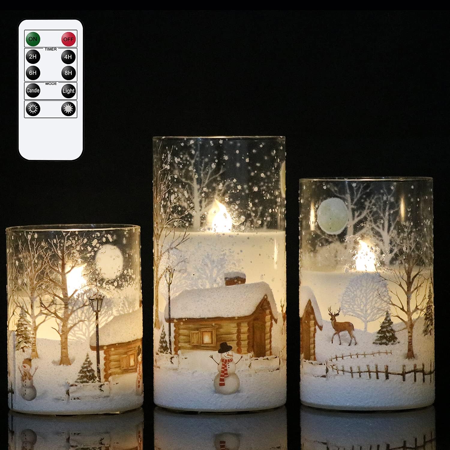 Lighting - DRomance White Christmas Glass Flickering Flameless Candles Battery Operated with 10-Key Remote and Timer Set of 3 Real Wax Holiday LED Window Pillar Candles(Snowman Decal, 3 x 4, 5, 6 Inches)