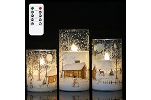 DRomance Snowman Glass Flameless Candles Battery Operated with Remote and Timer Real Wax LED Flickering Pillar Candles White Cold Light Window Christmas Holiday Decor D3 x 4",5",6"