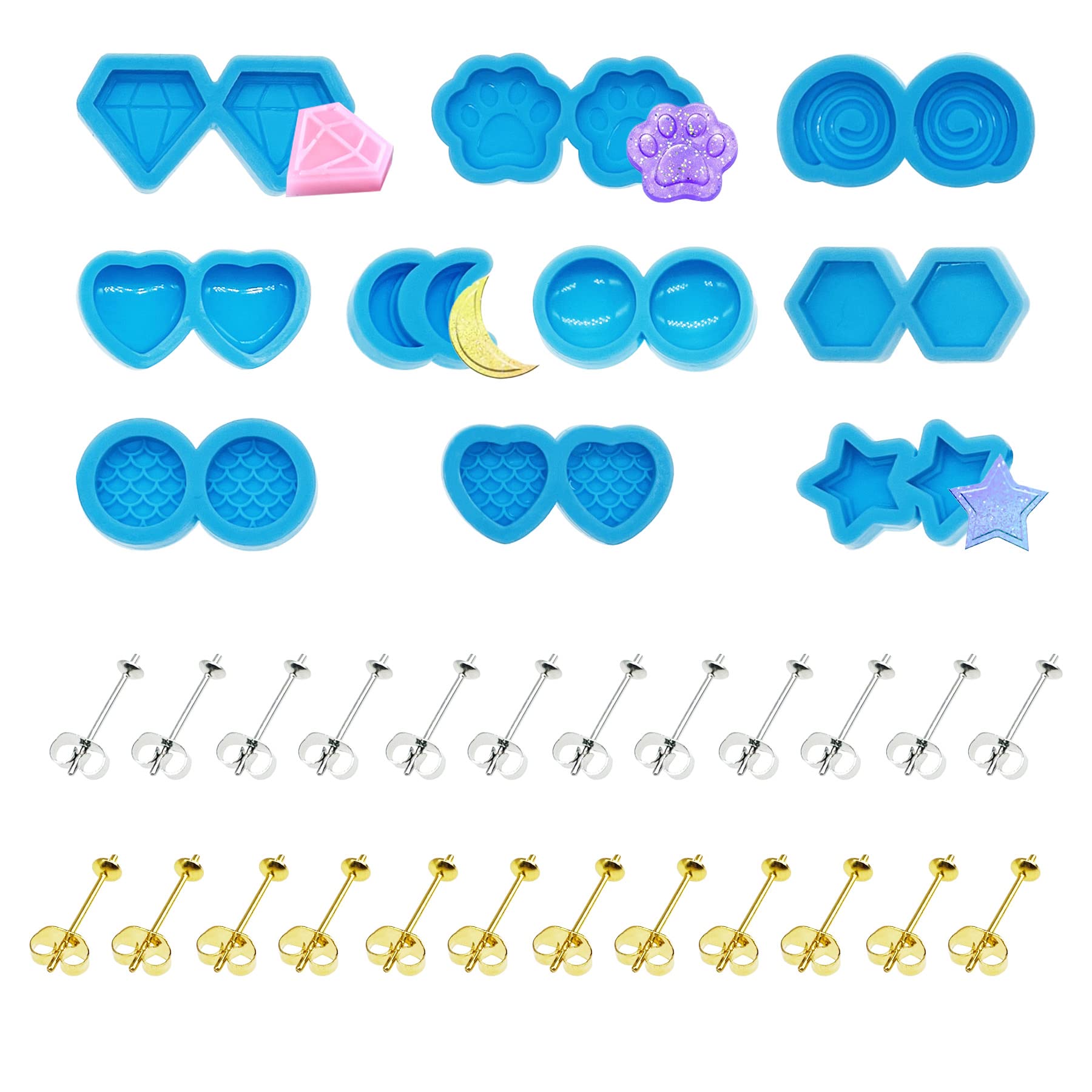 NA Yayatty 34 PCS Stud Earring Mold Tool Included 10 PCS Silicone Resin Mould and 24 PCS Stud Earring, Jewelry Casting Moulds Clear Tiny Ear for DIY Jewelry Craft Making
