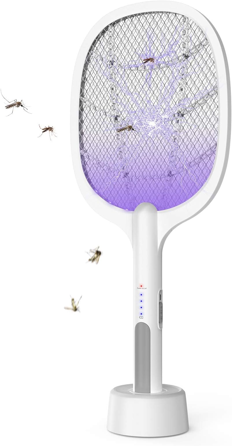 LEOFI Indoor Electric Bug Zapper Racket，Mosquito Fly Killer Zapper，USB Rechargeable Electric Fly Swatter for Home and Outdoor Powerful Grid 3-Layer Mesh