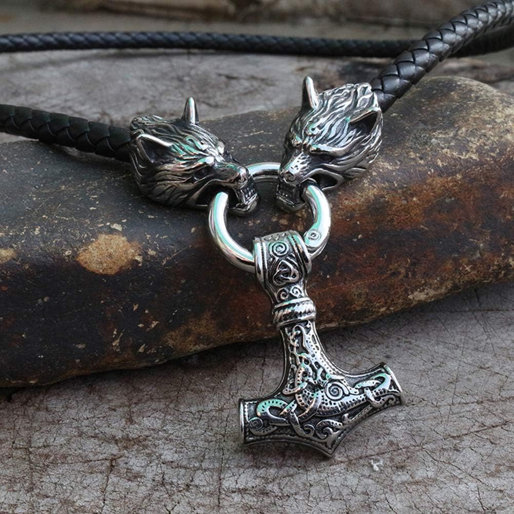 Mjolnir The Thor's Hammer Pendant Men's Stainless Steel Double Wolf Head Leather Rope Necklace,Nordic Viking Celtic Knot Charm Amulet, Jewelry