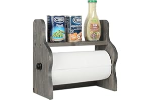 MyGift Vintage Gray Solid Wood Paper Towel Holder Wall Mounted Rack and Spice Jars Storage Display Shelf with Easy Refill Industrial Black Metal Pipe Bar, Kitchen Countertop Paper Towel Roll Dispenser