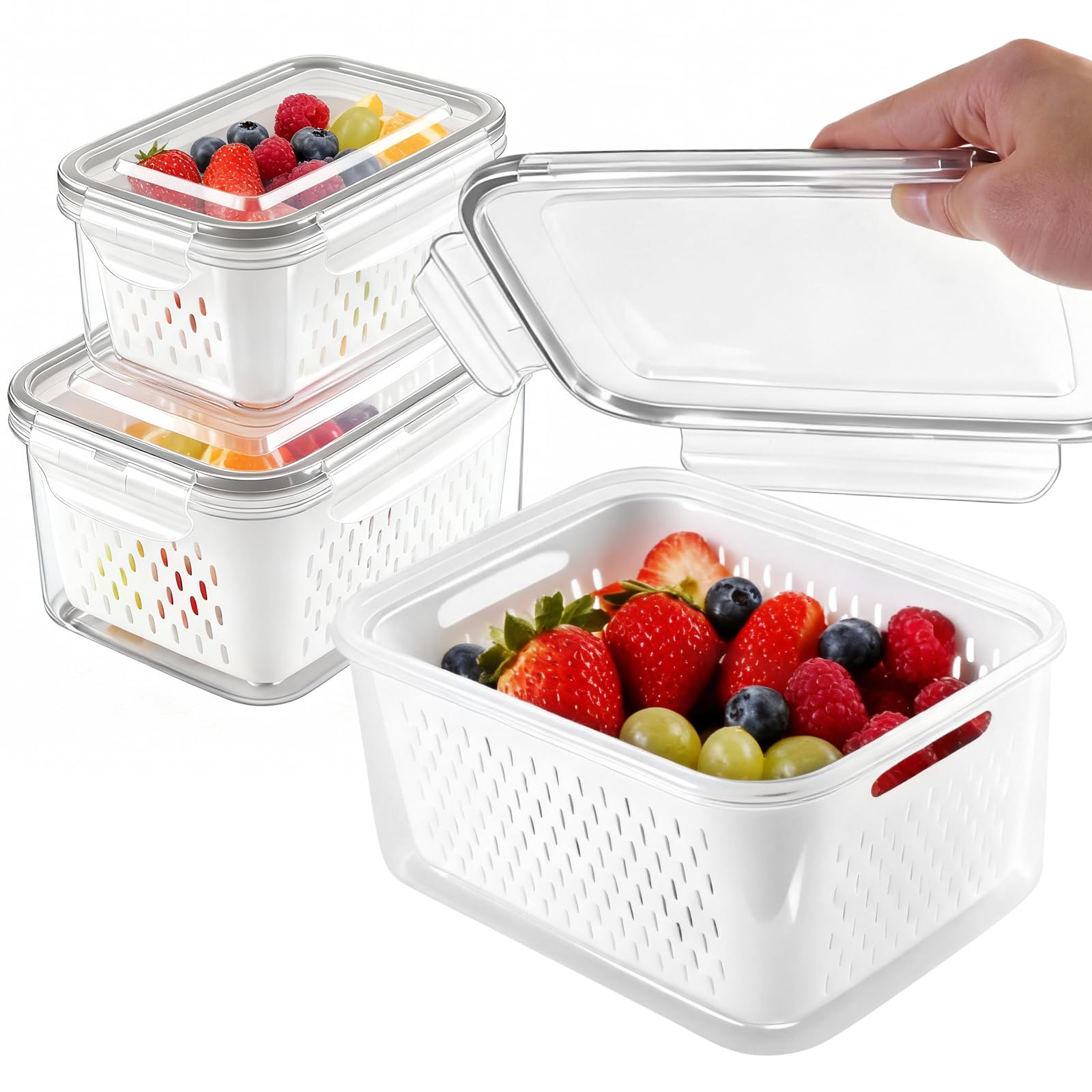 Photo 1 of YYAYYA Fresh Produce Storage Containers for Fridge, 3 Pack Fruit Vegetable Keeper with Drain Basket & Airtight Lid, BPA Free Fridge Organizer Bins for Berries, Salad, Meal Prep, 28oz 60oz 111oz