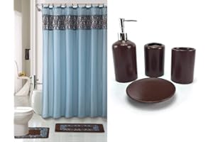 WPM WORLD PRODUCTS MART 19 Piece Bath Accessory Set Flocking Print Bathroom Rug Contour Mat, Shower Curtain, Ceramic Accessories (Majestic Blue)